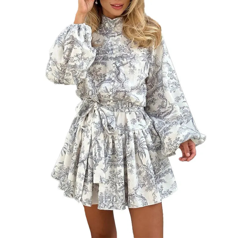 Vintage Printed Lace-Up Shirt Dress For Women Spring Summer Fashion Ruffled Pleated Long Sleeve High Street Women's Mini Dresses