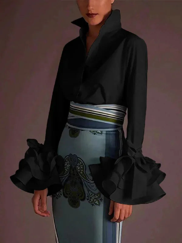 Flared Sve Lapel Button Office Blouse