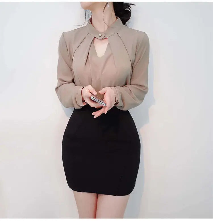 Solid Blouses Women Chiffon Shirts Long Sve flattering Hollow chic All-match Basic Spring Summer Tops Thin Chic Elegant Female Ins