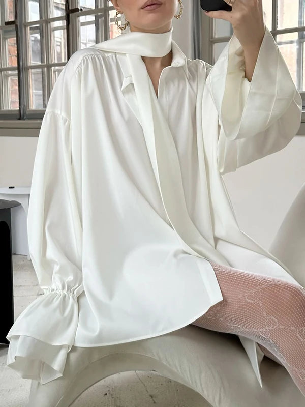 Satin Puff Sve Lapel Blouse with Scarf