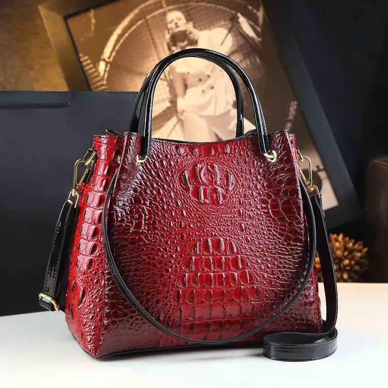 Genuine Leather Crocodile Print Bucket Bag