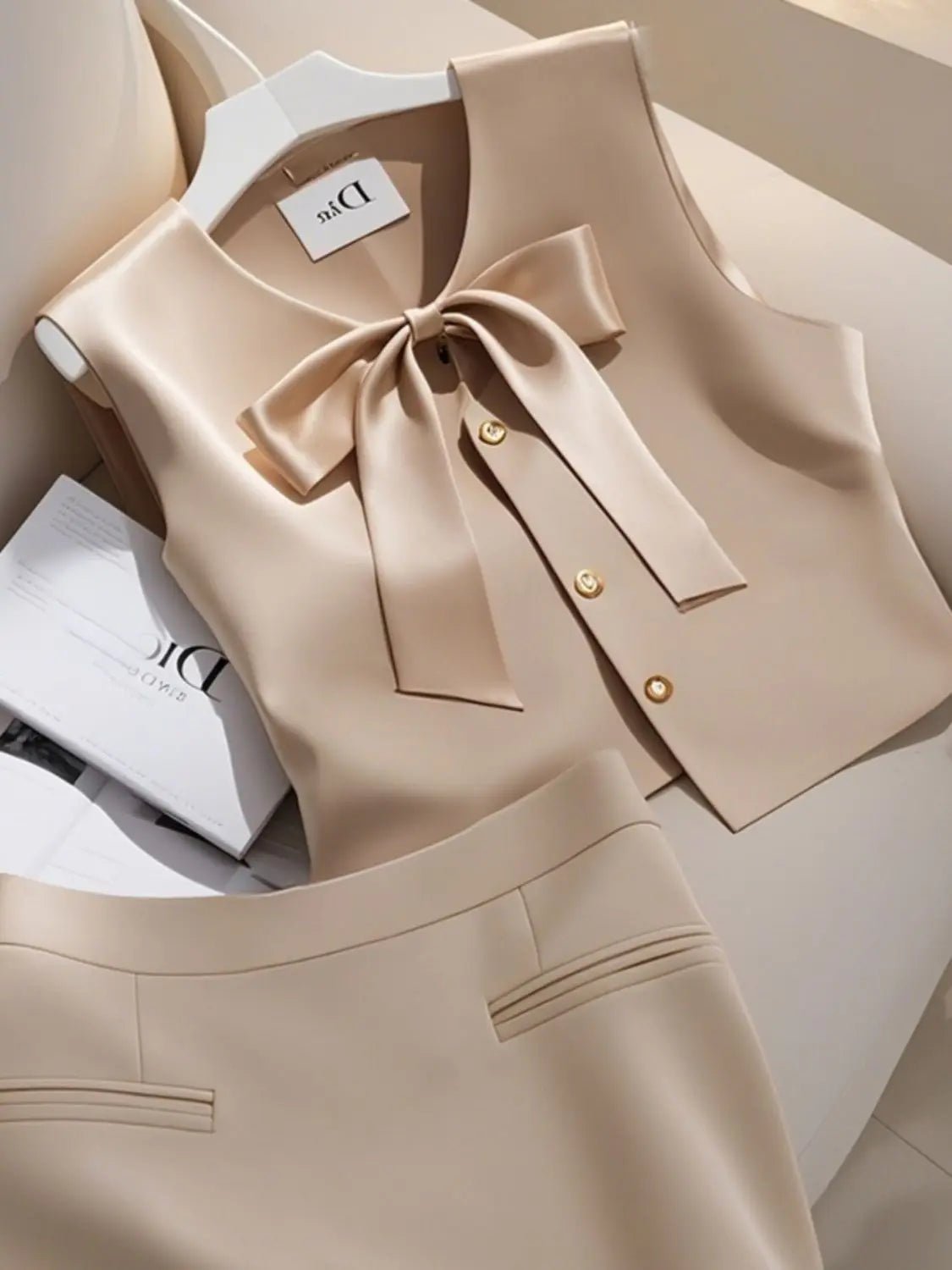 Women Clothes Elegant Two - piece Fashionable Bow Sleeveless Dress Sets - Nitamoje