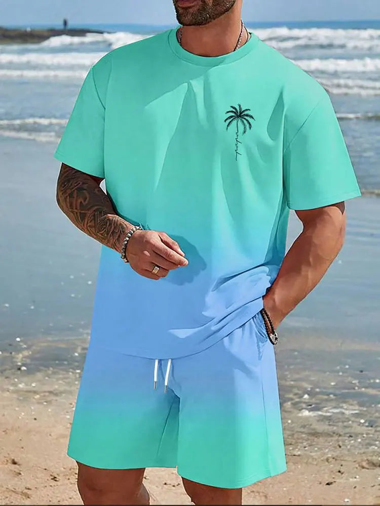 Men's Gradient Print Short Sleeve & Shorts Summer Set