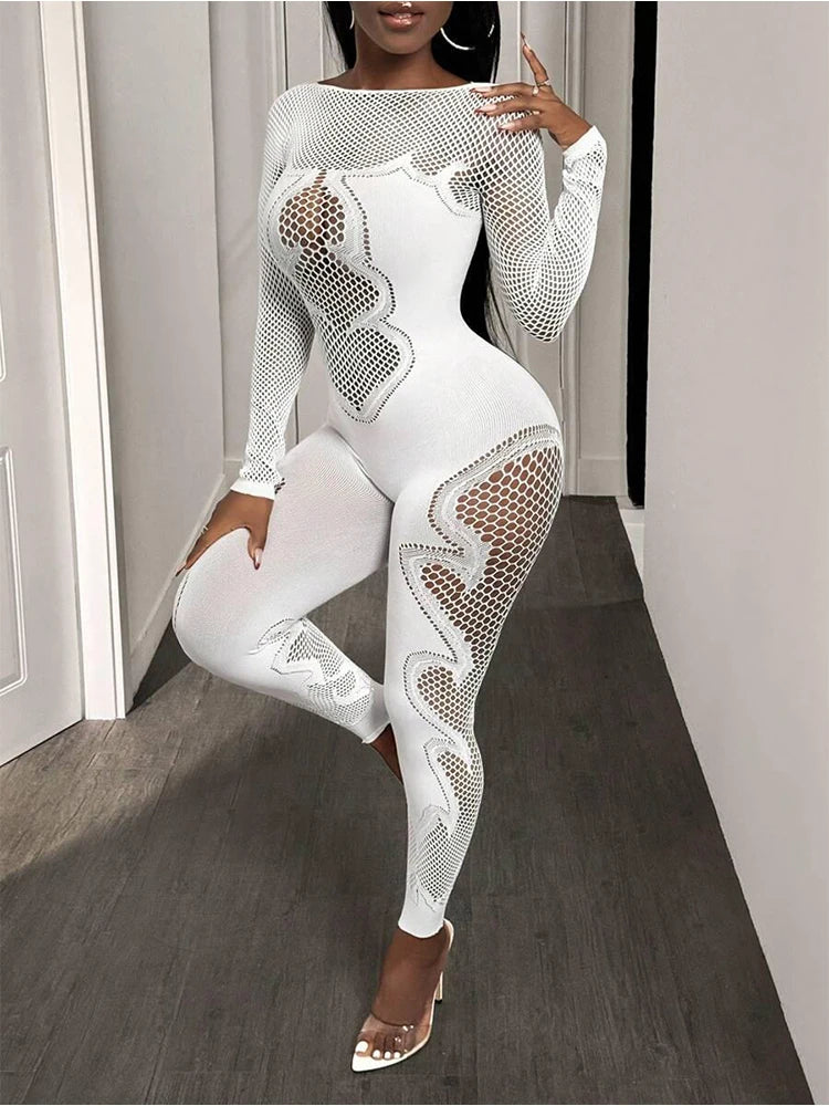 Women's Mesh Long Sleeve Cut-Out Fitted Jumpsuit