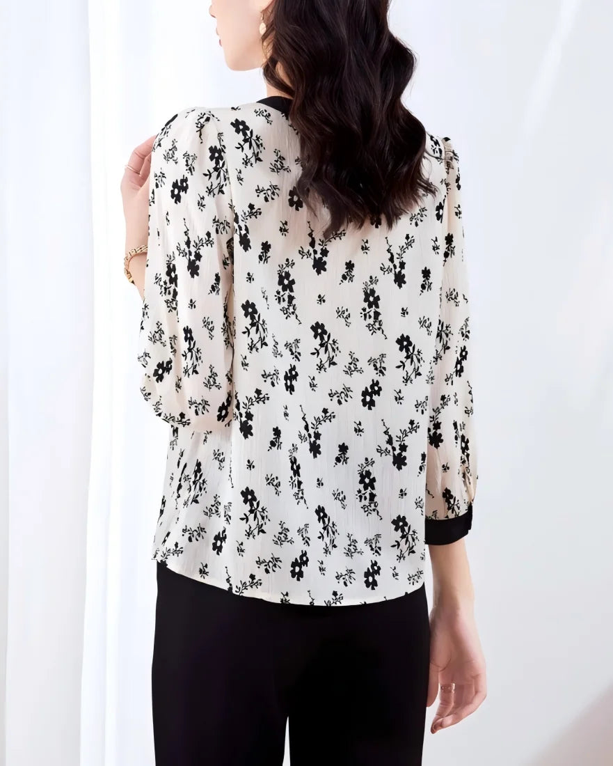 Floral V-Neck Bowknot Shirt Blouse