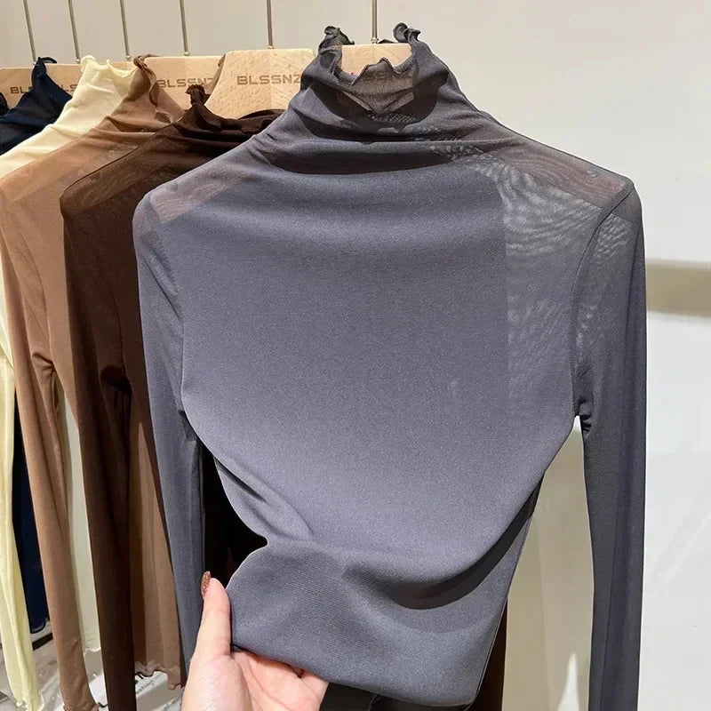 High-Neck Lace See-Through Long Sve Blouse