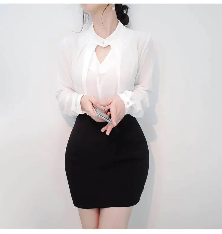 Solid Blouses Women Chiffon Shirts Long Sve flattering Hollow chic All-match Basic Spring Summer Tops Thin Chic Elegant Female Ins