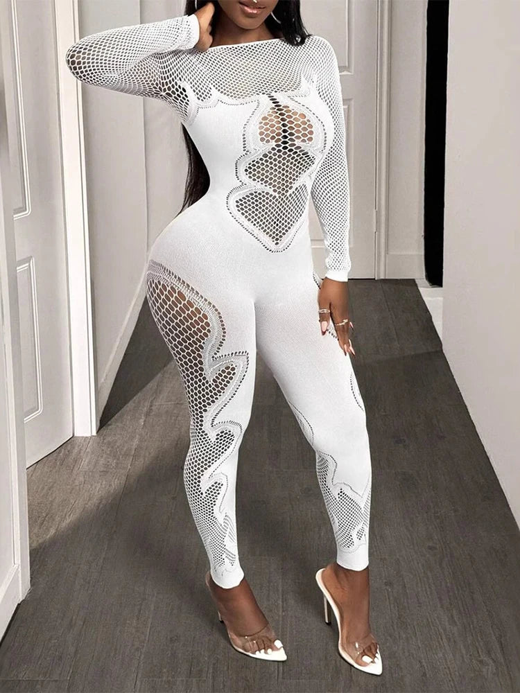 Women's Mesh Long Sleeve Cut-Out Fitted Jumpsuit