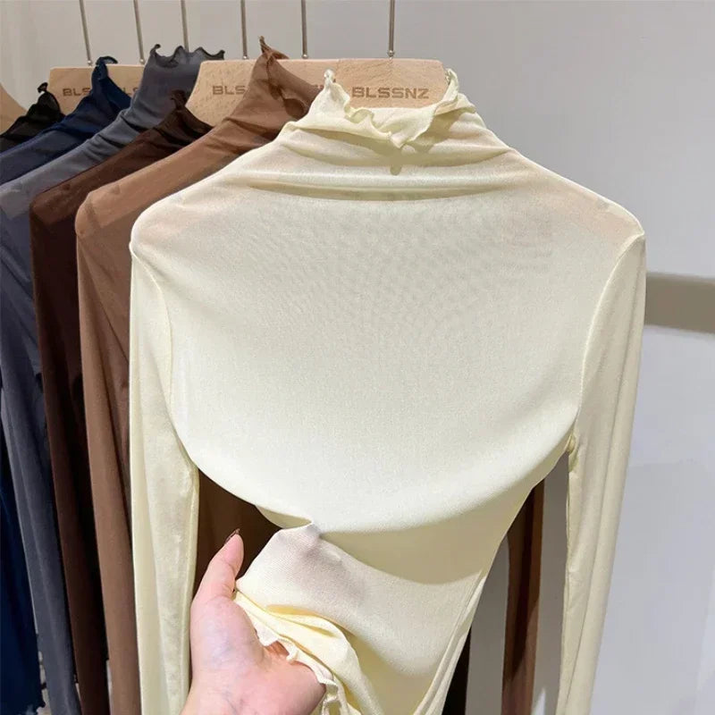 High-Neck Lace See-Through Long Sve Blouse