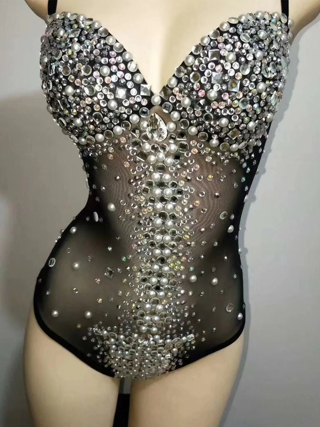 Pearl Strap Rhinestone Bodysuit Stage Leotard for Women