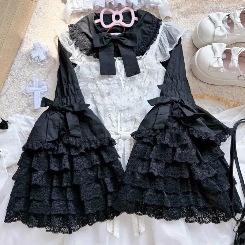 Lolita Blouse Women Y2k Gothic Peter Pan Collar Lace Bow Ruffles Tops Oversized Flare Sve Sweet Shirts JSK White Blouses