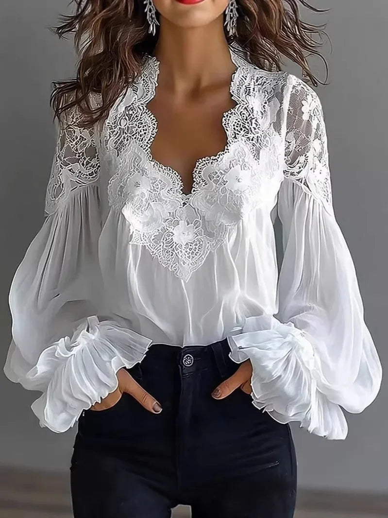 Women's Elegant V-neck Lace Splicing Lantern Sve Blouse