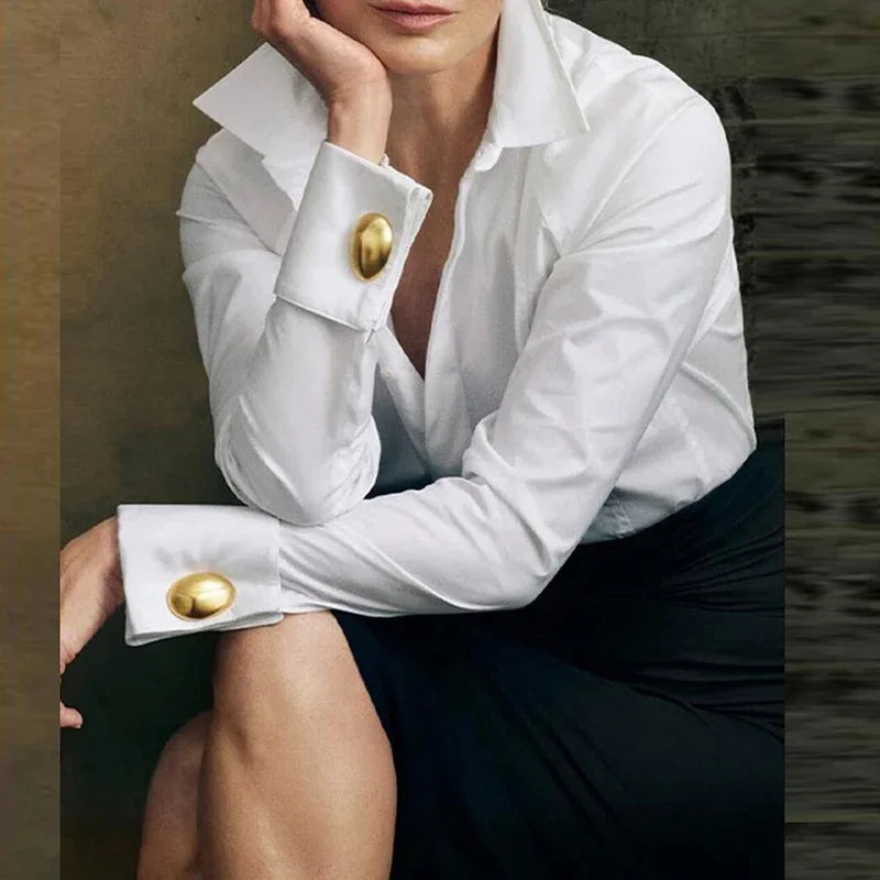 Turn Down Collar Button Office Blouse