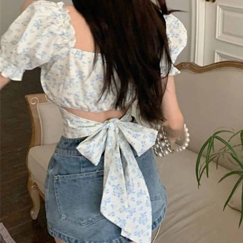 Floral Puff Sve Square Collar Crop Blouse