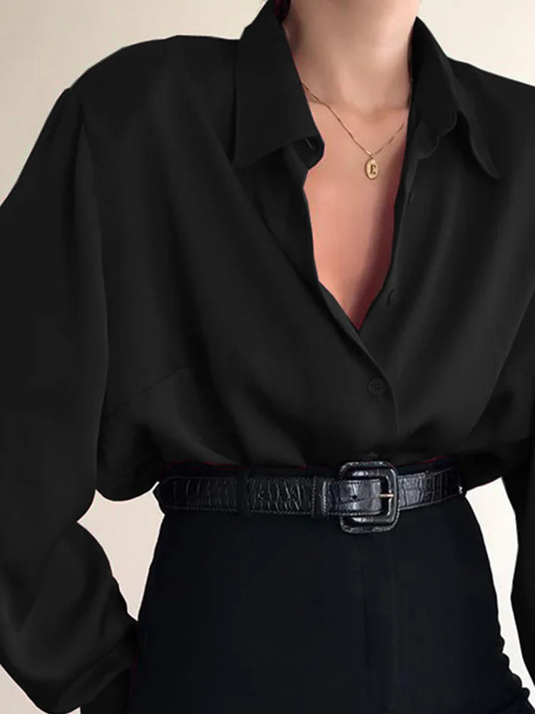 Women Button Blouses Turn Down Collar Shirts Office Lady Long Sve Casual Blouse Loose OL Shirt Baggy Tops Red/Wine Red /Black