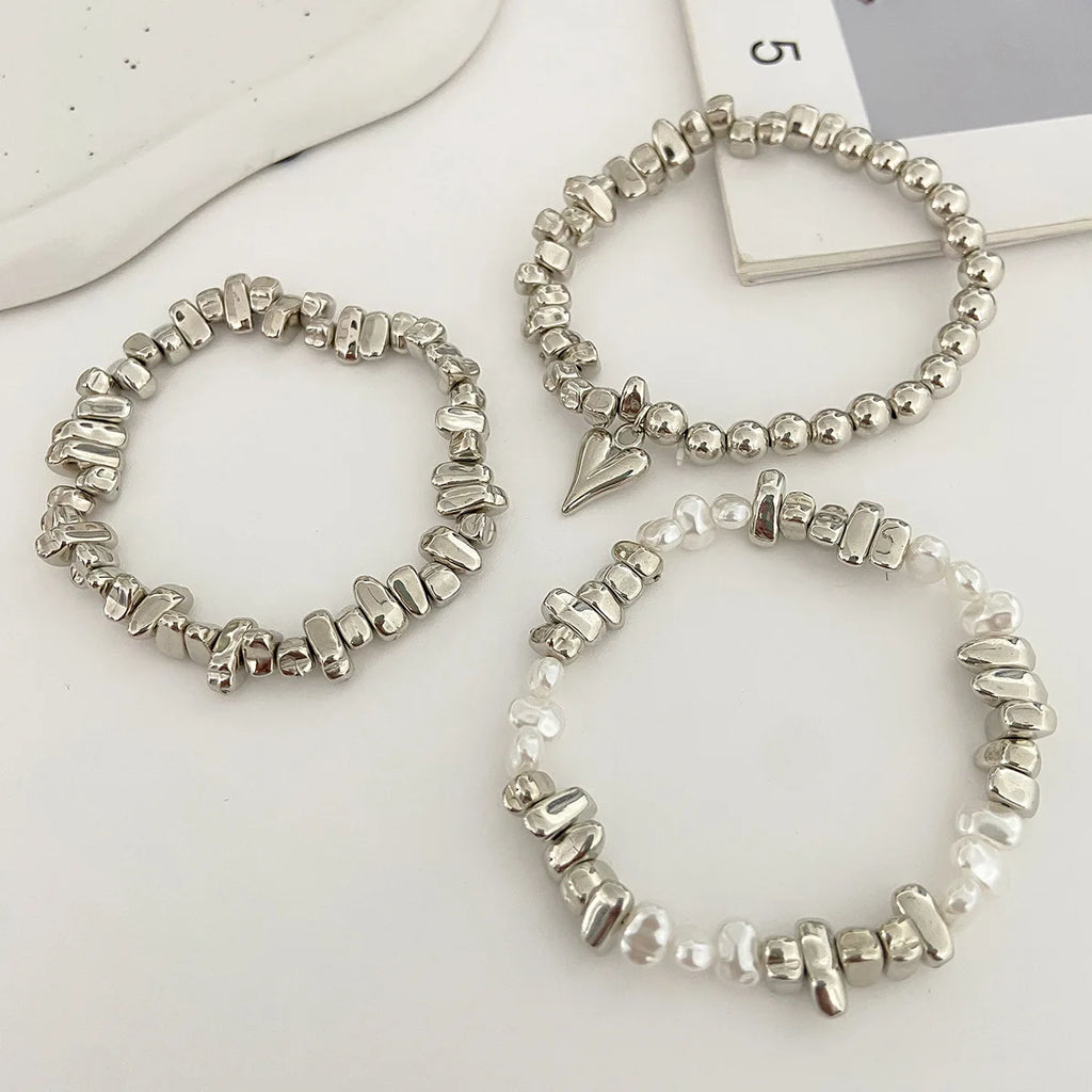 Retro Pearl Bead Bracelet | Multi-Layer Heart Pendant Elastic Bracelet for Women