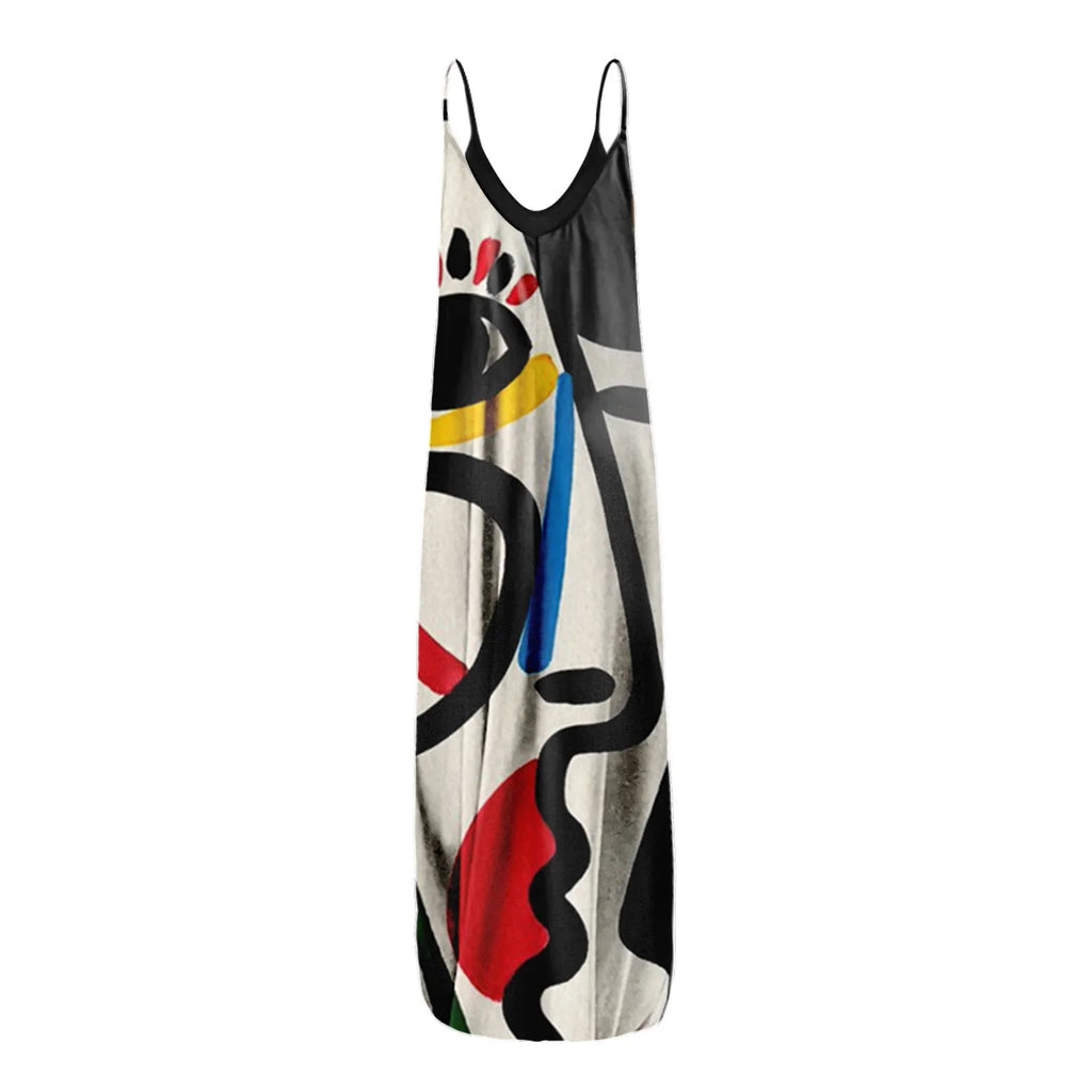 Women's Summer Strapless Long Dress With Abstract Face Digital Print