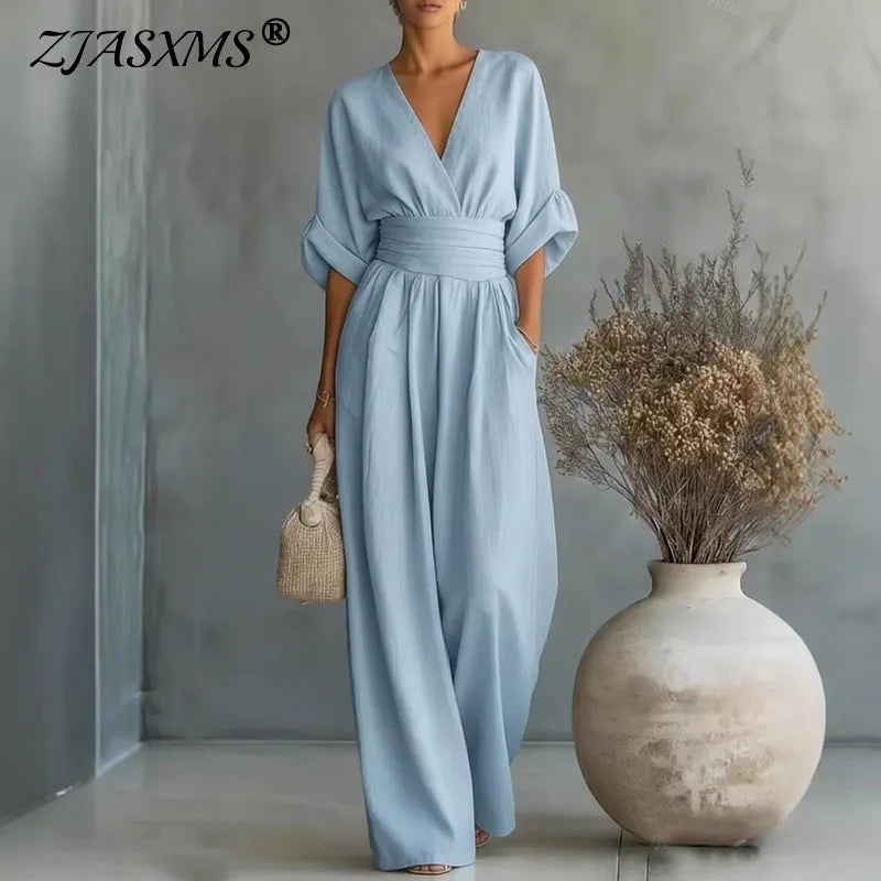 OL Style Solid High Waist Draped Jumpsuits Woman  Spring V Neck Wide Leg Trousers Overalls Casual Half Sve Rompers Outfit