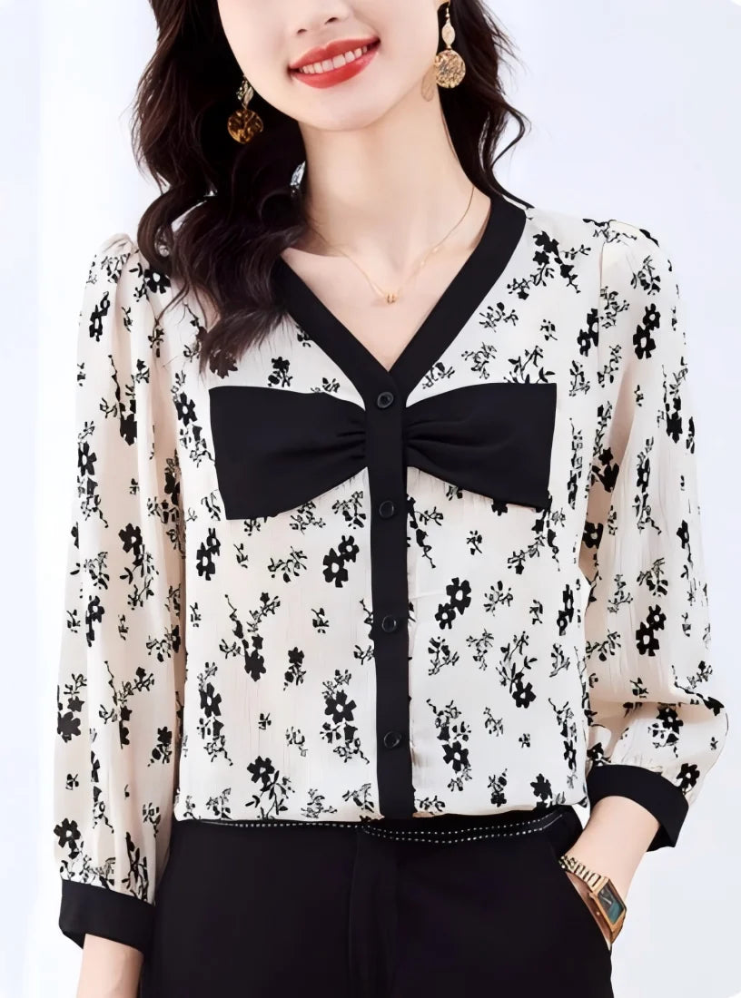 Floral V-Neck Bowknot Shirt Blouse