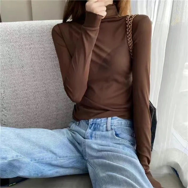 High-Neck Lace See-Through Long Sve Blouse