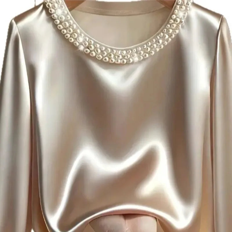 Pearl O-Neck Satin Boho Blouse