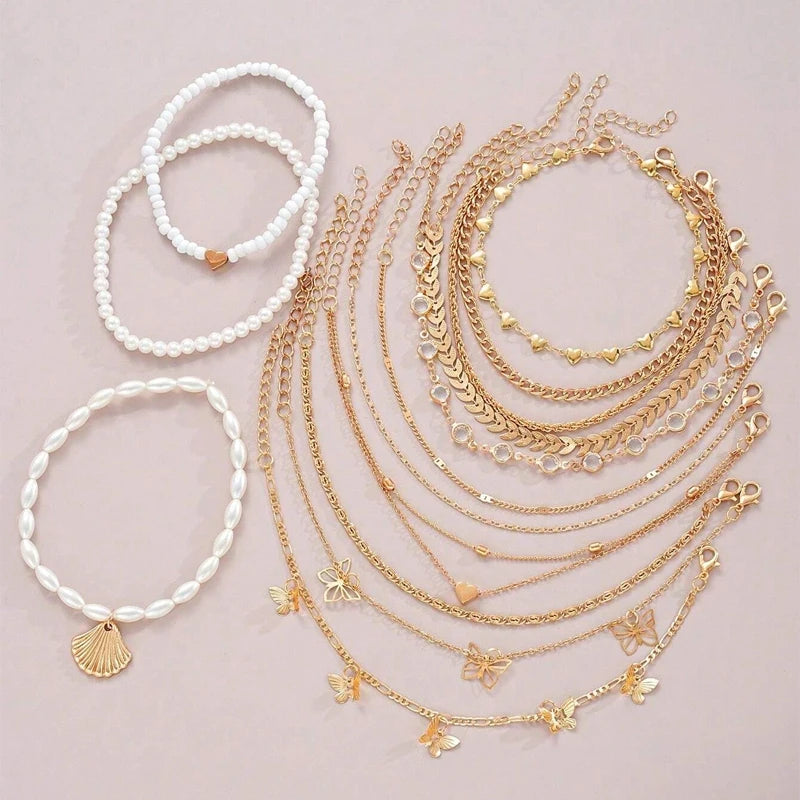 13-Piece Bohemian Anklet Set | Heart, Butterfly & Turquoise Beach Jewelry