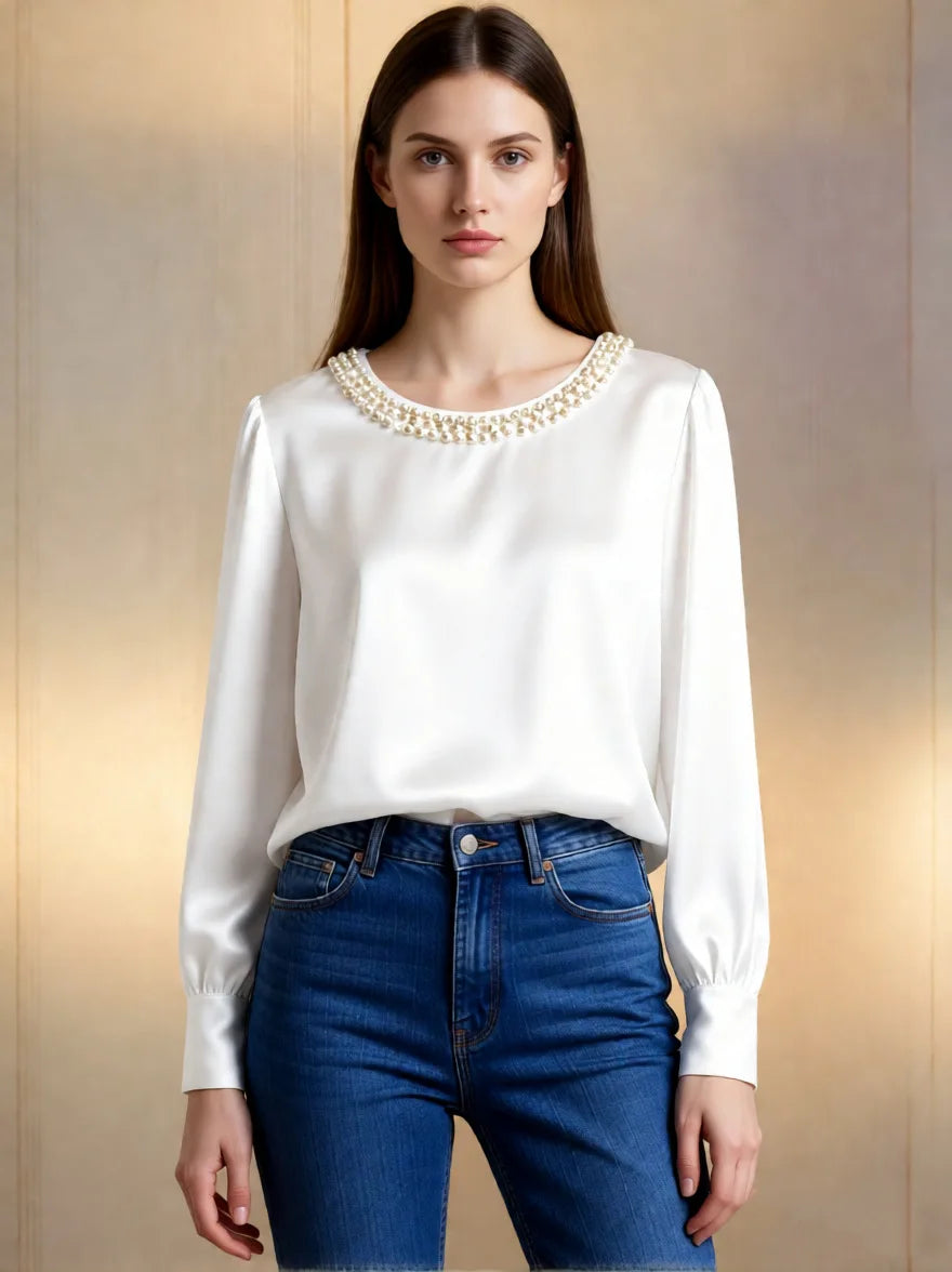 Pearl O-Neck Satin Boho Blouse