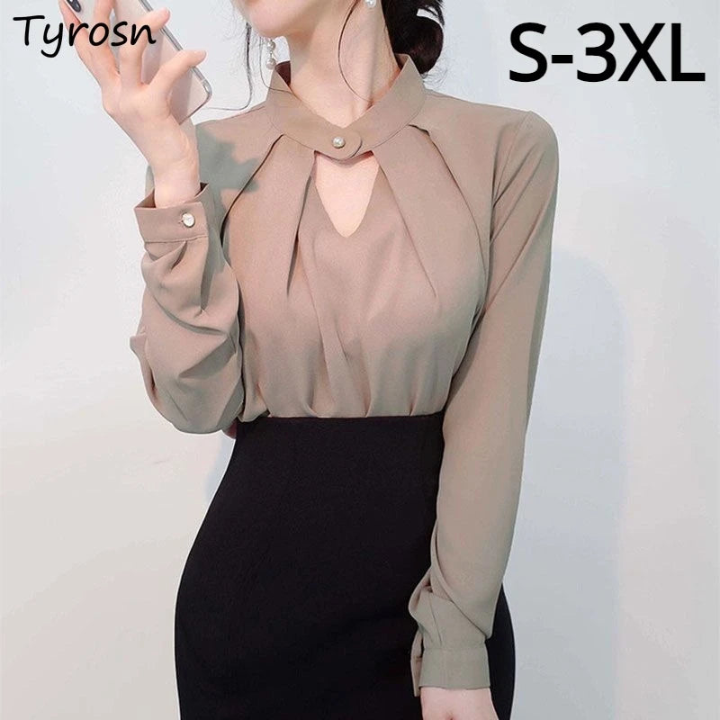 Solid Blouses Women Chiffon Shirts Long Sve flattering Hollow chic All-match Basic Spring Summer Tops Thin Chic Elegant Female Ins