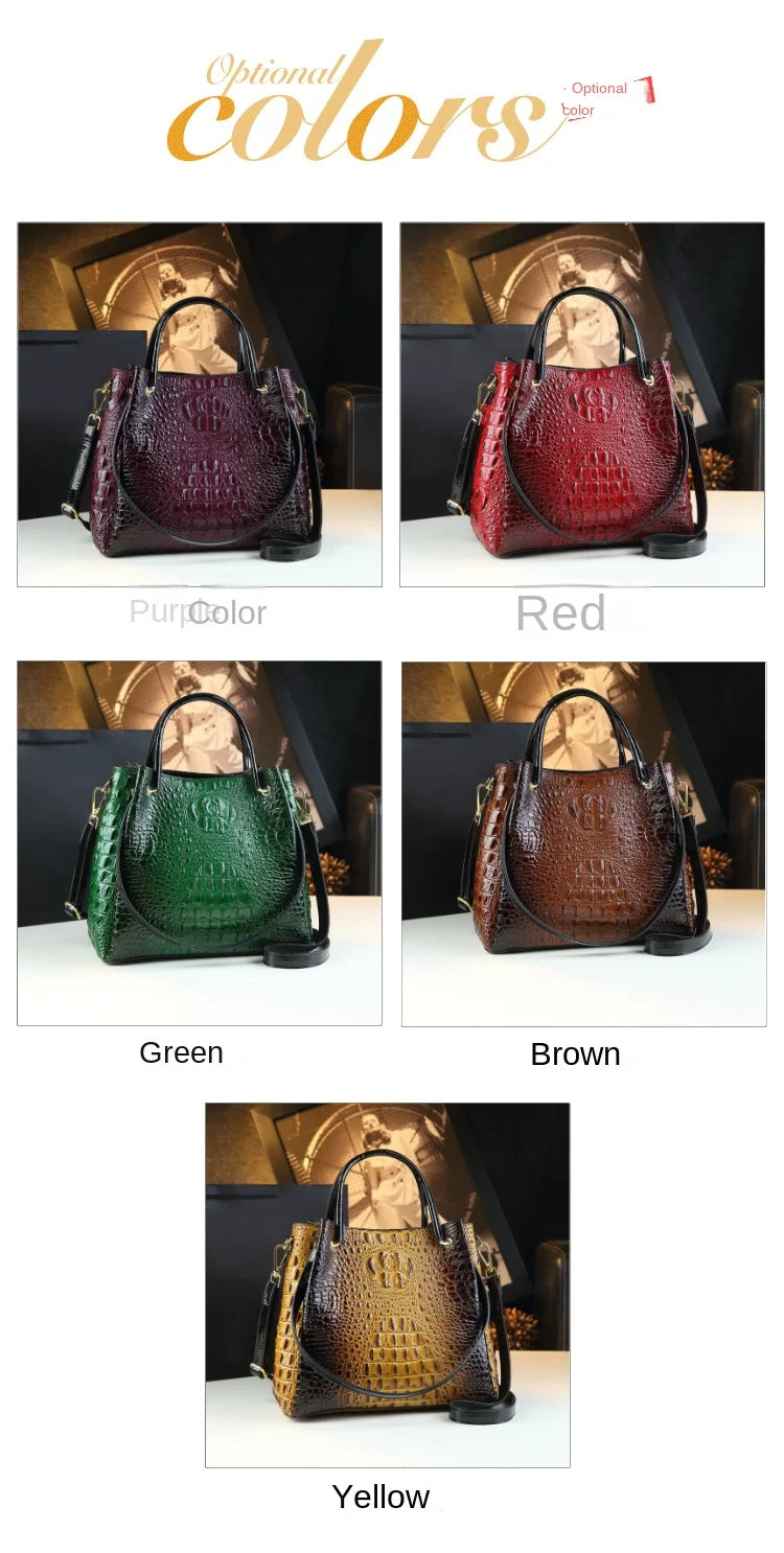 Genuine Leather Crocodile Print Bucket Bag