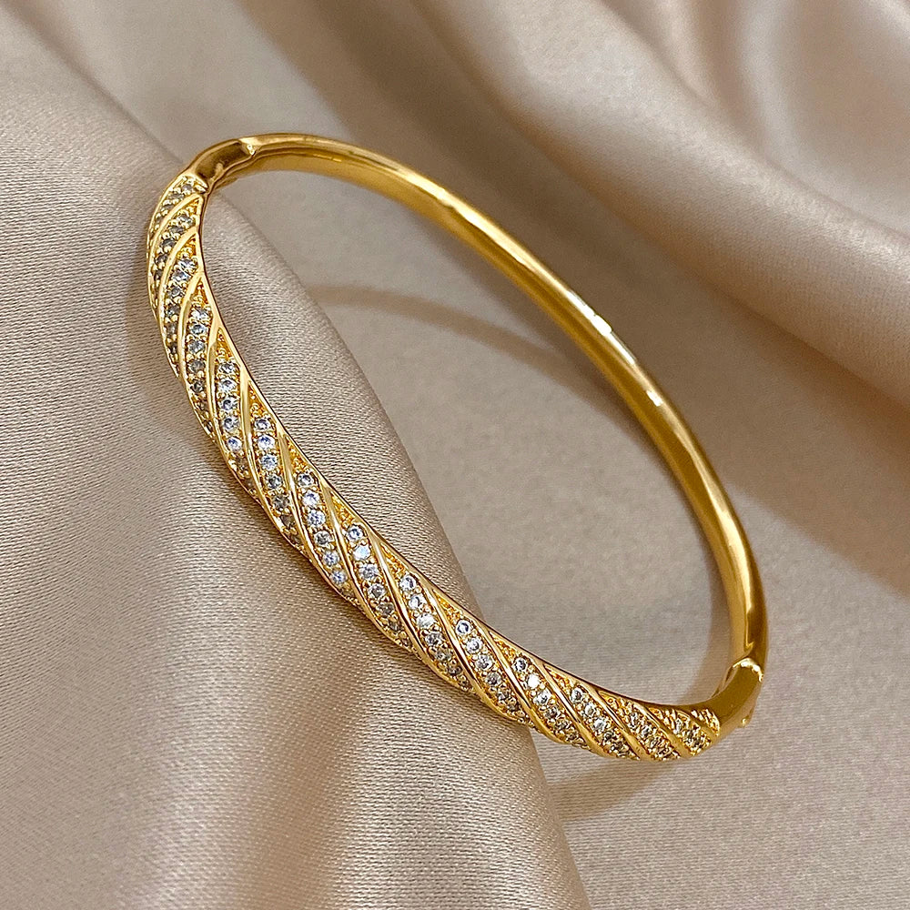 Twisted Micro Zircon Cuff Bracelet | Gold Plated Stacked Bangle for Women