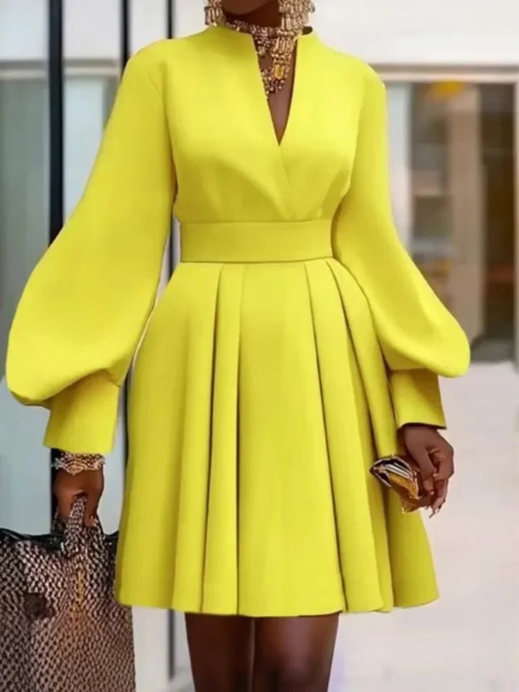 Gymystars Long Dresses with Sleeves Yellow Summer Dress Woman 2026 Fashion A - Line V - Neck Casual Pleated Party Mini Dress Female - Nitamoje
