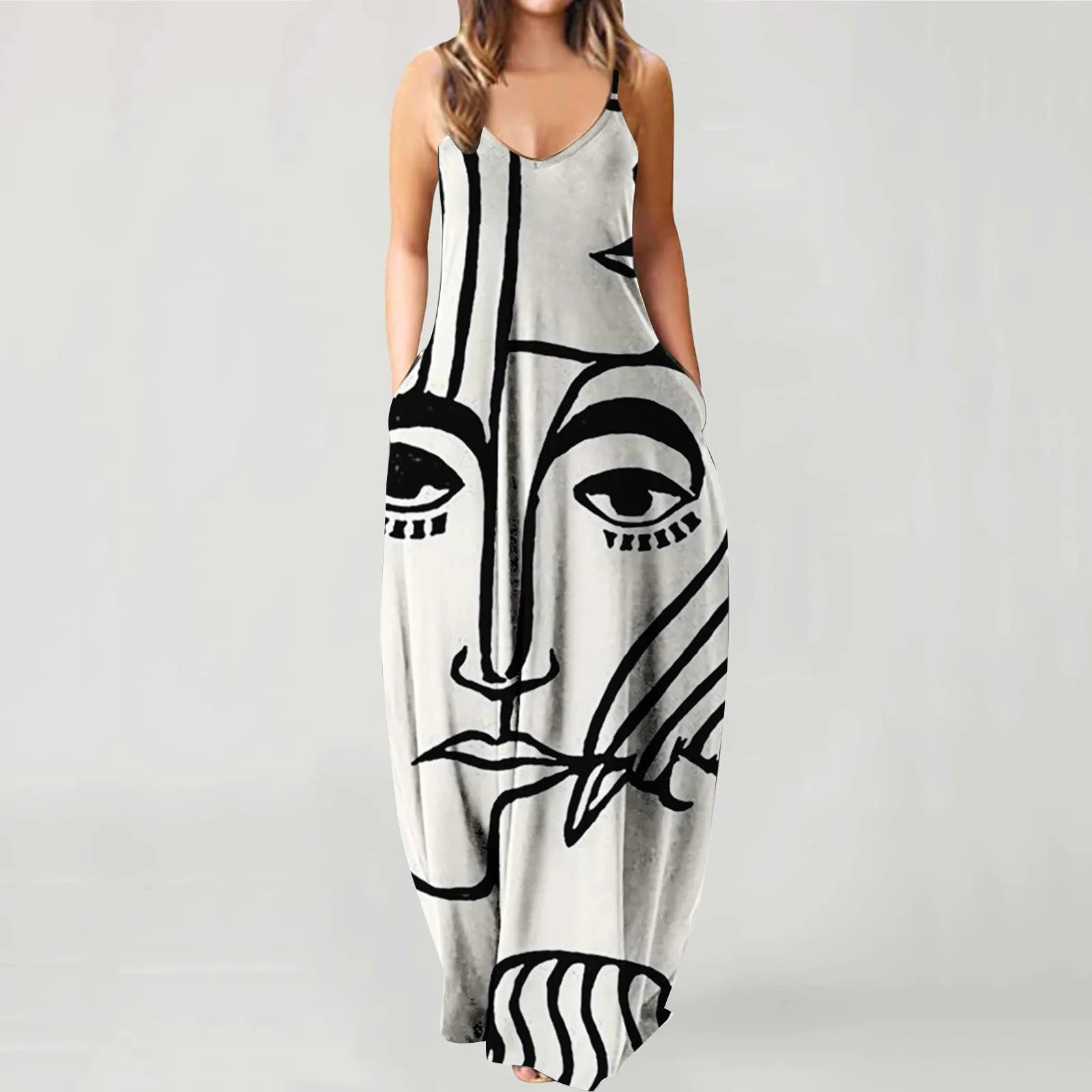 Women's Summer Strapless Long Dress With Abstract Face Digital Print