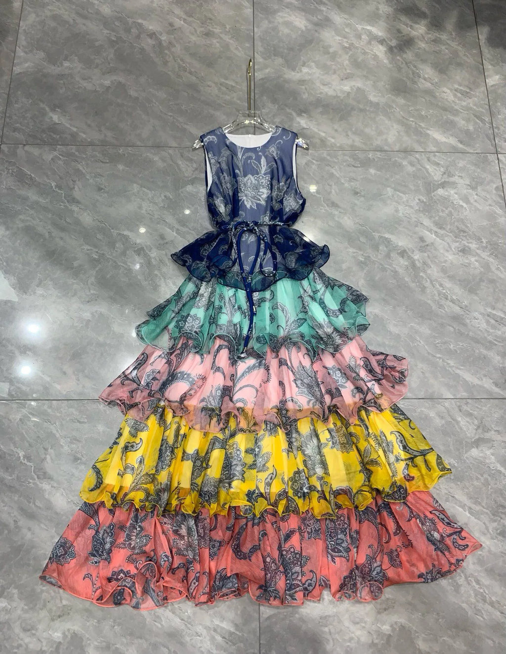 Women's Sleeveless Tie-Waist Ruffle Tiered Midi Dress
