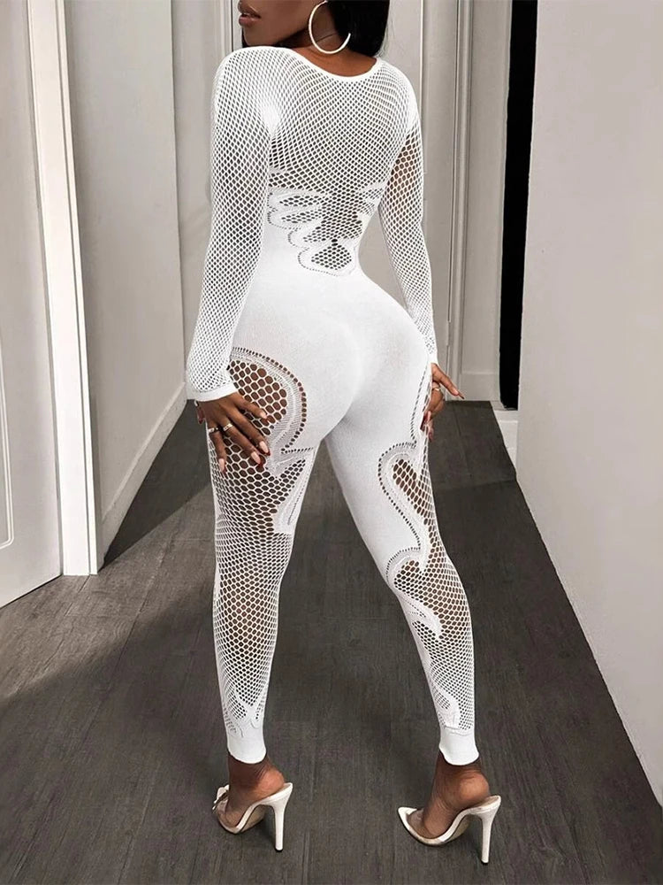 Women's Mesh Long Sleeve Cut-Out Fitted Jumpsuit