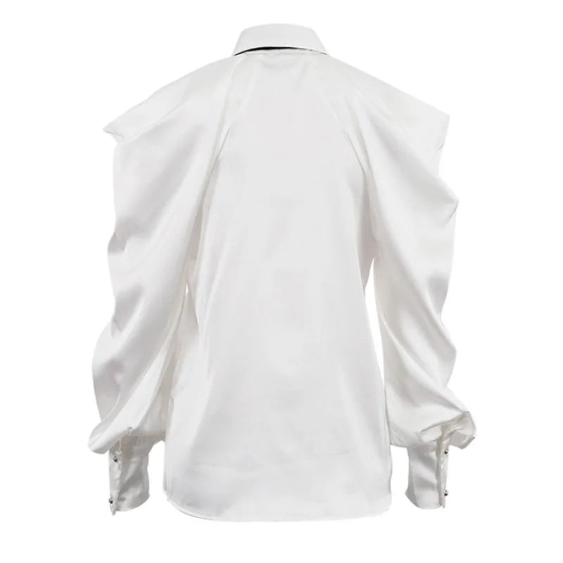 Elegant Off Shoulder Blouse With Tie For Women Y2K Office Lady Long Lantern Sve Button Down Shirt Loose Top