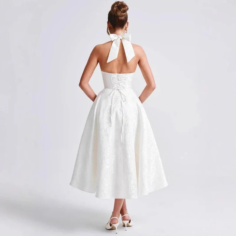 Deeptown Elegant  Evening Party Dresses Women Korean Style Halter V-neck Dress Sweet Backless Yellow Summer Solid Midi Dress
