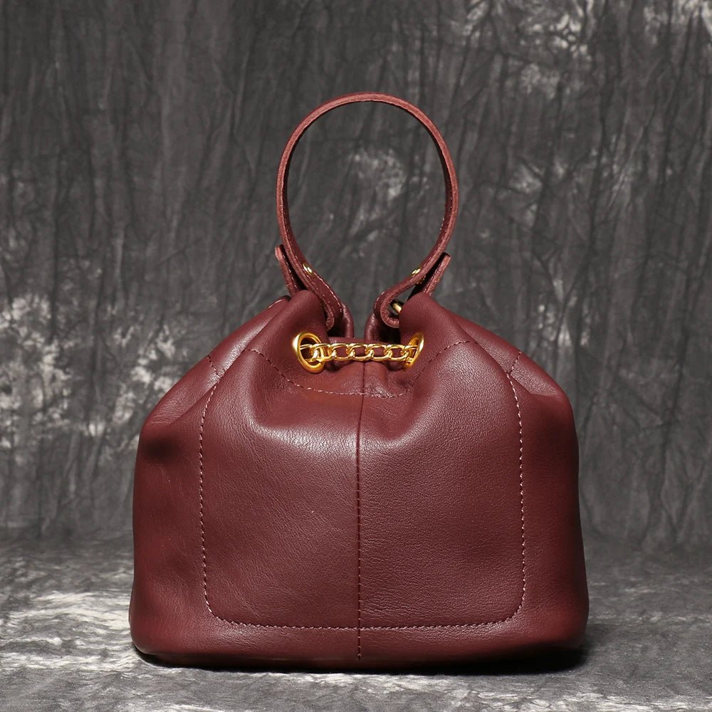 Metal Drawstring Genuine Leather Chain Bucket Bag - Nitamoje