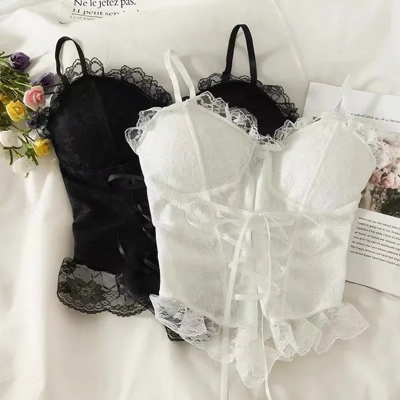 Lace Bandage Corset Sveless Crop Top