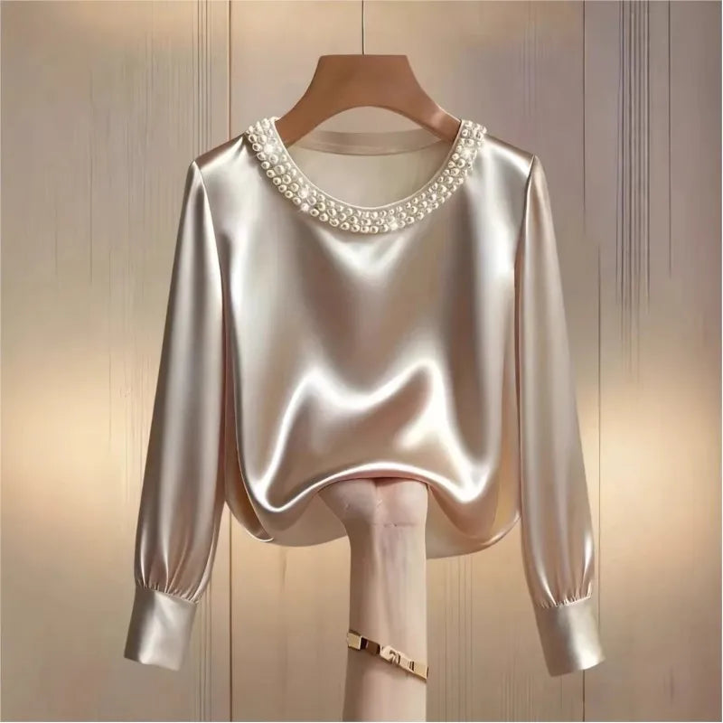 Pearl O-Neck Satin Boho Blouse