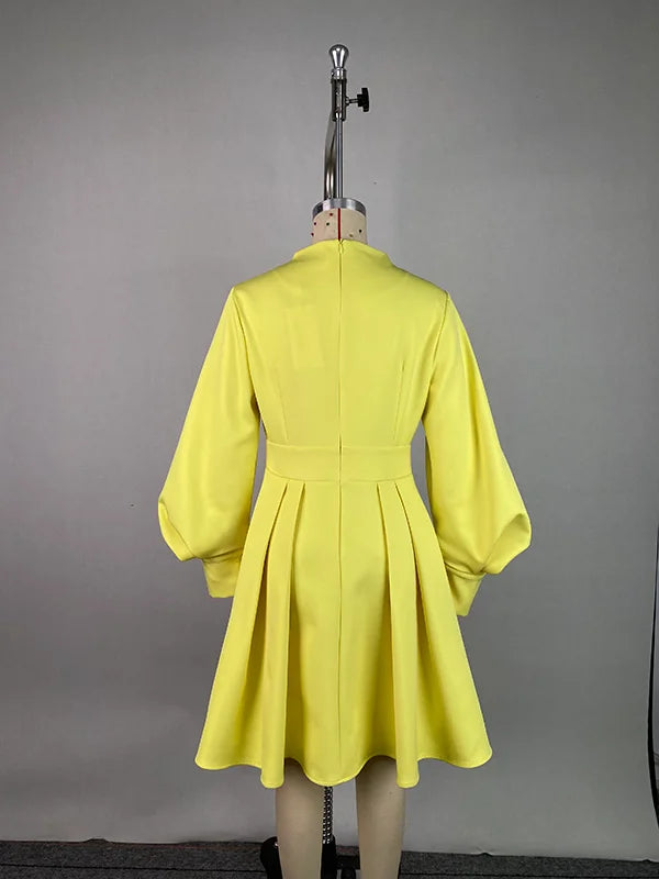 Gymystars Long Dresses with Sleeves Yellow Summer Dress Woman 2026 Fashion A-Line V-Neck Casual Pleated Party Mini Dress Female