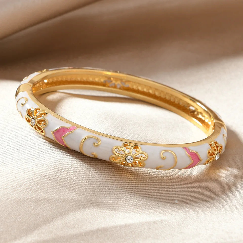 Ethnic Enamel Flower Cuff Bracelet | Gold Tone Stainless Steel Bangle for Women
