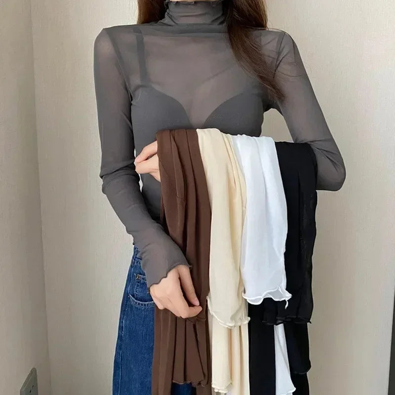 High-Neck Lace See-Through Long Sve Blouse
