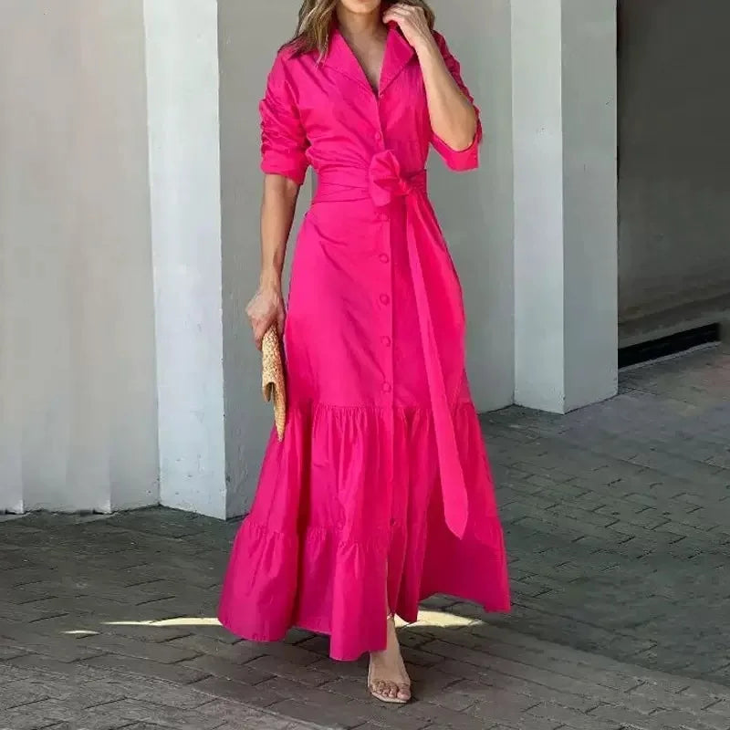 Women's Shirt Dress Suit Collar Fashion Button Belt Bow High Waist flattering and Elegant Office Skirt