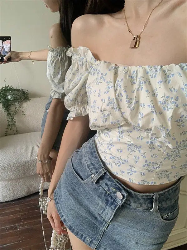 Floral Puff Sve Square Collar Crop Blouse