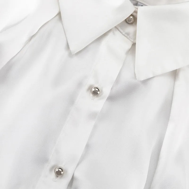 Elegant Off Shoulder Blouse With Tie For Women Y2K Office Lady Long Lantern Sve Button Down Shirt Loose Top
