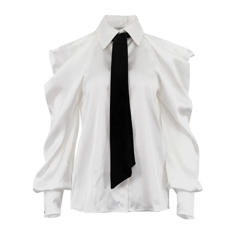 Elegant Off Shoulder Blouse With Tie For Women Y2K Office Lady Long Lantern Sve Button Down Shirt Loose Top