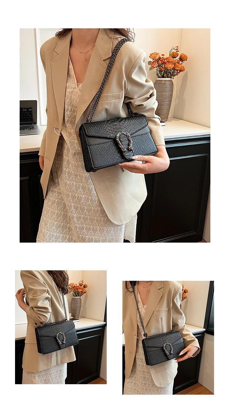 Retro Snake Pattern Chain Crossbody Bag