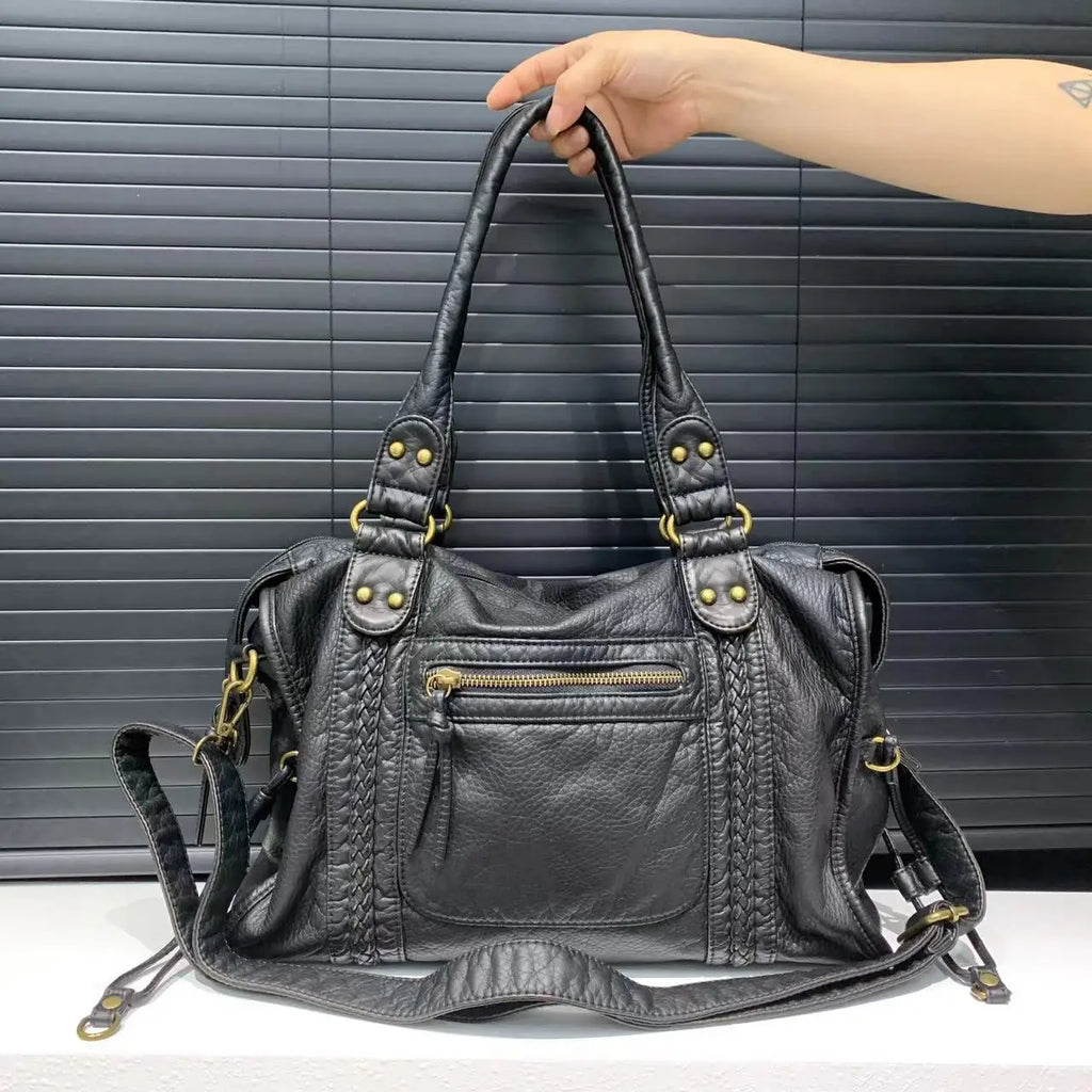 Y2K Washed Leather Motorcycle Shoulder Bag
