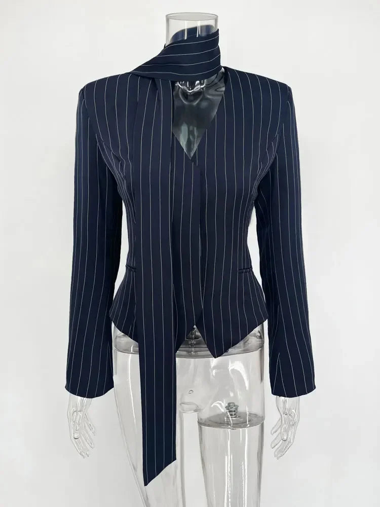 Women Short Dress Set Fashion Striped V-Neck Luxury Ribbon Blazer Skirt