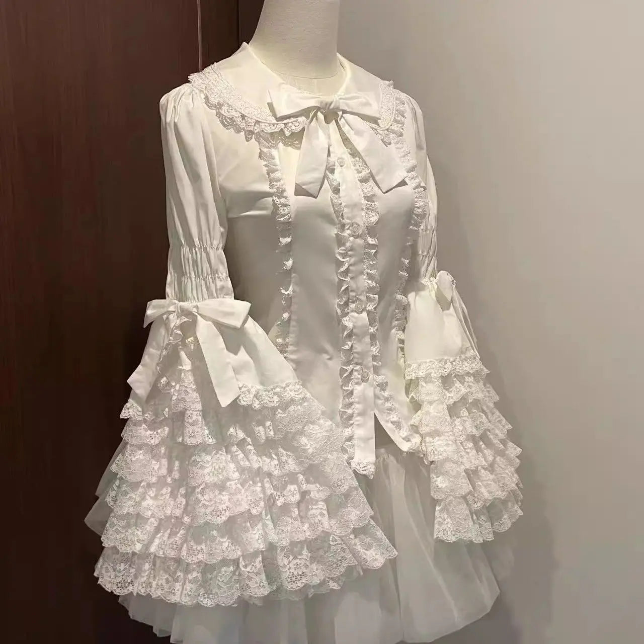 Lolita Blouse Women Y2k Gothic Peter Pan Collar Lace Bow Ruffles Tops Oversized Flare Sve Sweet Shirts JSK White Blouses